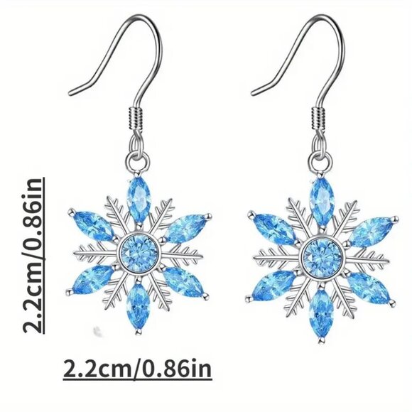 Christmas and Holiday Creative Blue and Silver Shiny Snowflake Earrings - Picture 2 of 2